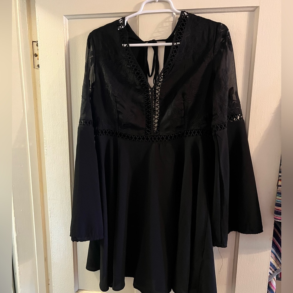 Shein black bell sleeve lace a-line mini dress